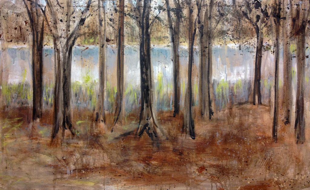 Lake Through the Trees, mixed media on canvas, 30"H x 48"W